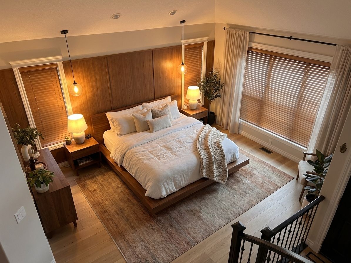 Bedroom with a warm wood-panelled accent wall, walnut platform bed, white bedding, two glass pendant lights and wooden blinds — the room we started from